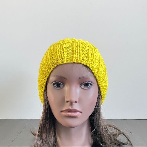 Handmade Pom Pom Knit Hat Yellow - Picture 2 of 5